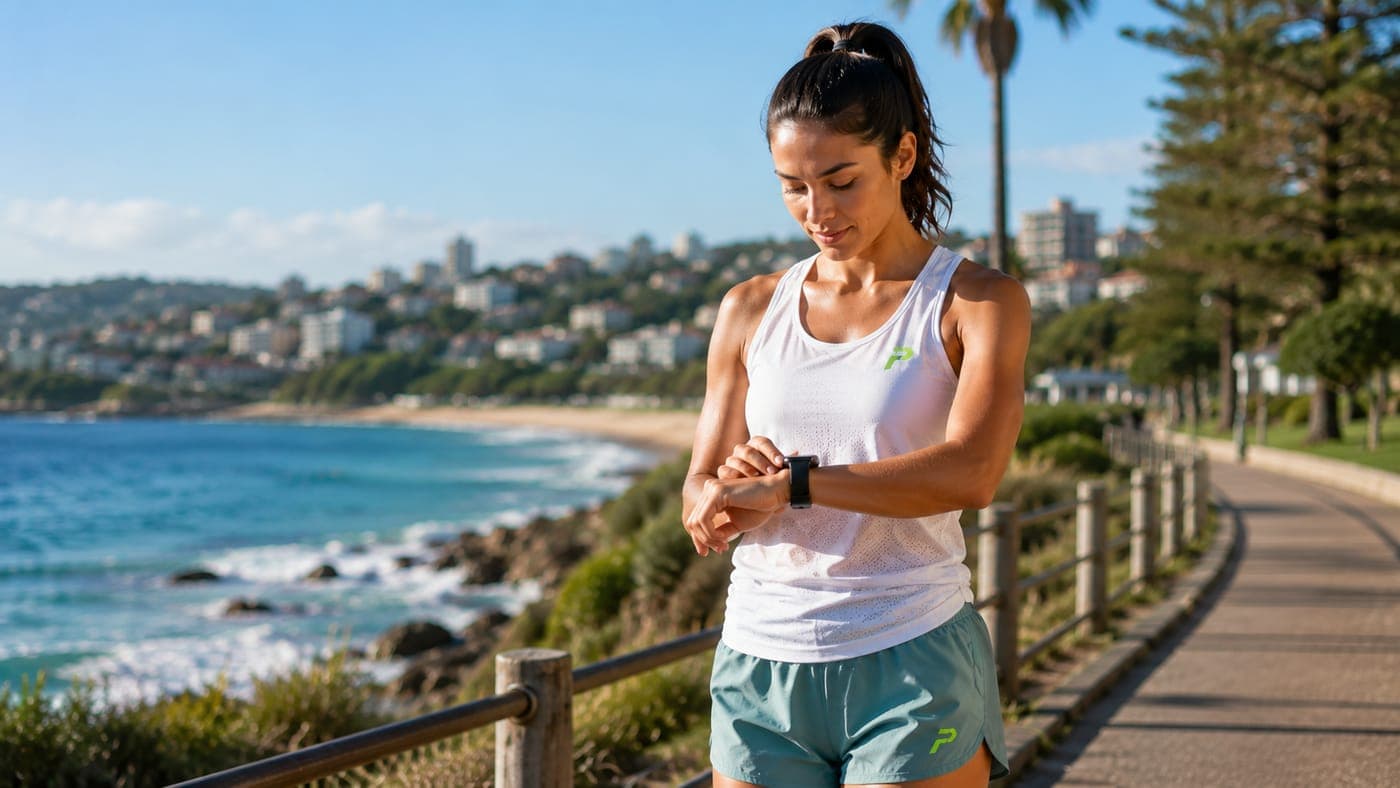 A runner checking her watch on the Sydney coast