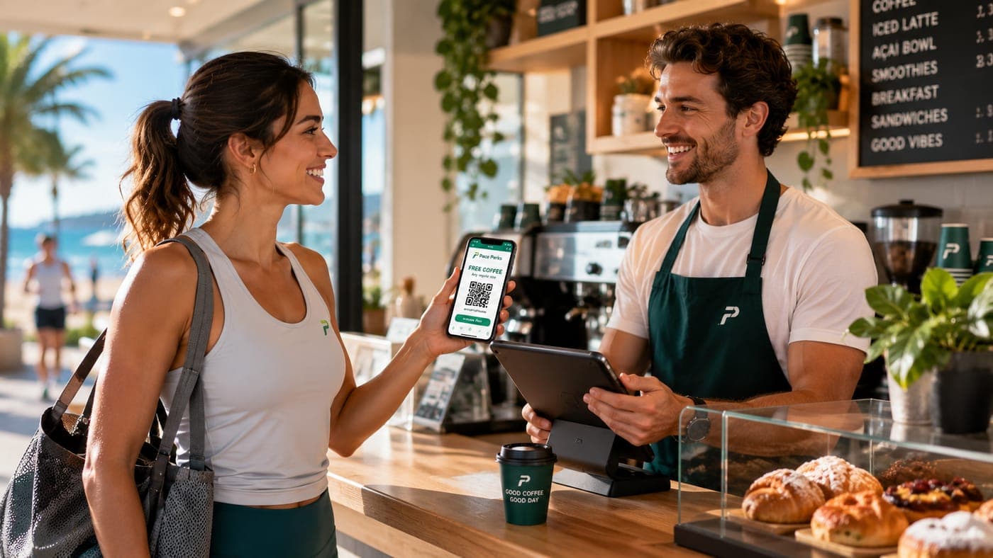 A customer redeeming a Pace Perks reward at a local café