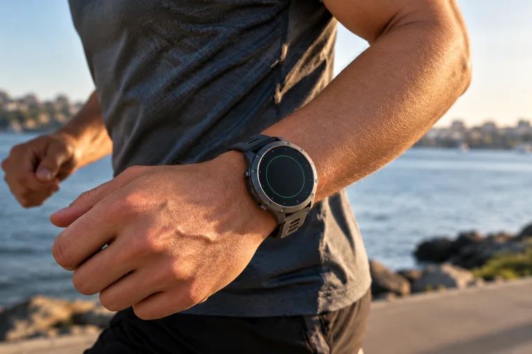A watch on a wrist beside Sydney Harbour