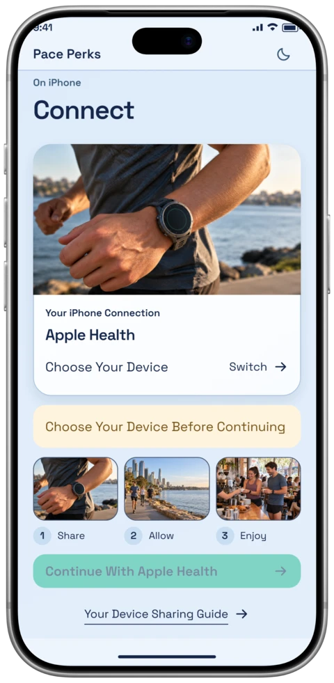 The Pace Perks Connect screen on an iPhone