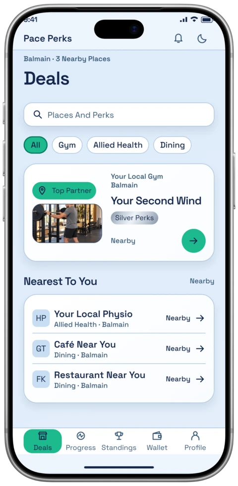 The Pace Perks Deals screen on an iPhone