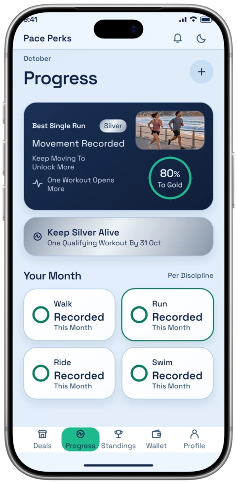 The Pace Perks Progress screen on an iPhone