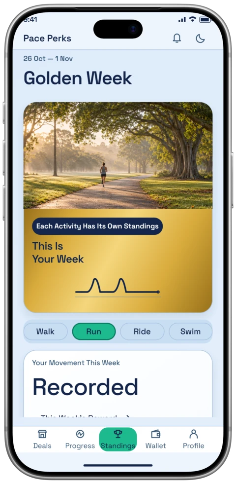 The Pace Perks Golden Week screen on an iPhone