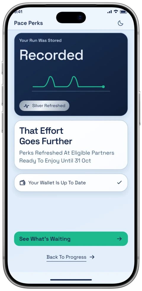 The Pace Perks Run Stored screen on an iPhone