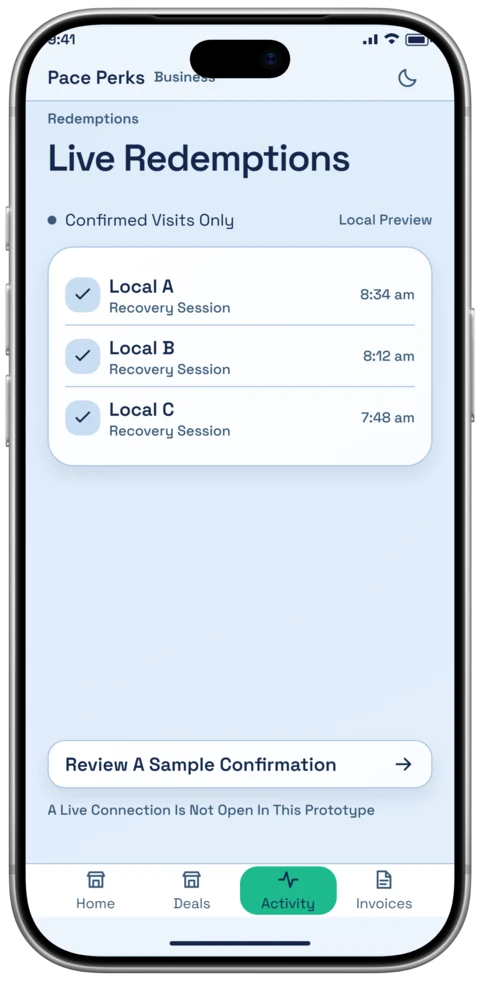 The Pace Perks Live Redemptions screen for merchants on an iPhone