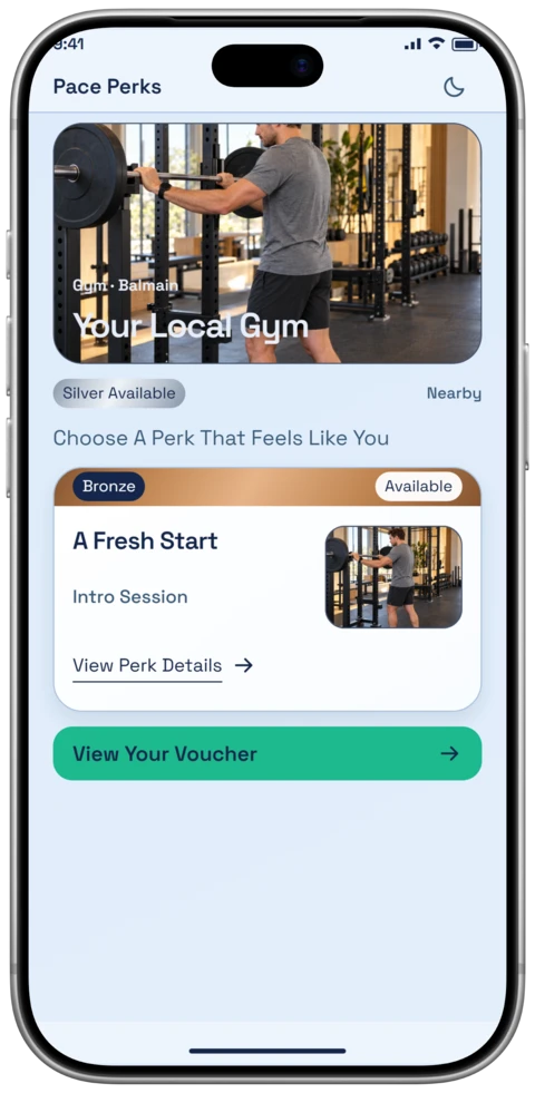The Pace Perks Bronze perks screen on an iPhone