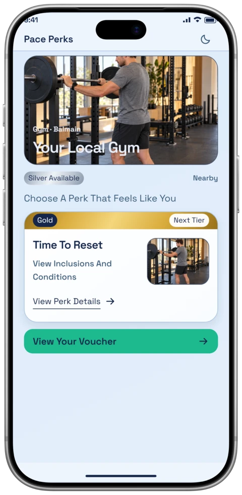 The Pace Perks Gold perks screen on an iPhone