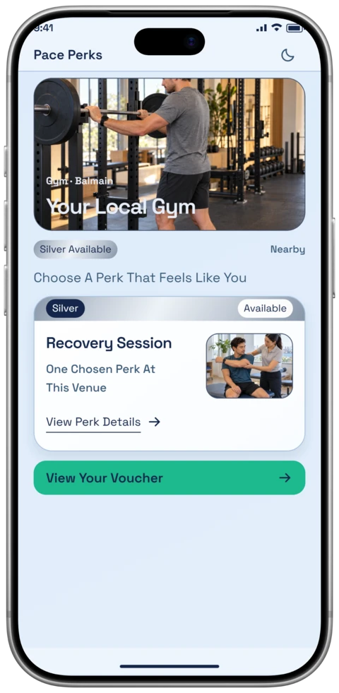 The Pace Perks Silver perks screen on an iPhone