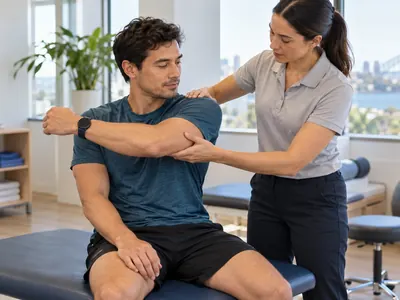 Physiotherapist guiding a seated client through a shoulder stretch