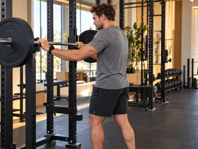 Man preparing a barbell set beside a rack in a naturally lit gym