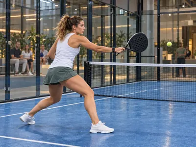 Woman hitting an indoor padel stroke in a glazed court with another player beyond the net
