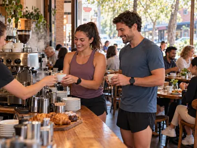 Two people who move receiving coffees from a barista in a busy neighbourhood café