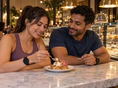 Couple sharing a plated dessert beside a pastry and gelato display