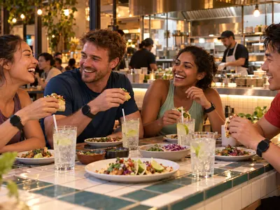 Four friends sharing tacos at a warm open-kitchen counter