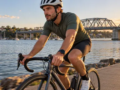 Close cyclist on a foreshore path with a steel bridge and water behind