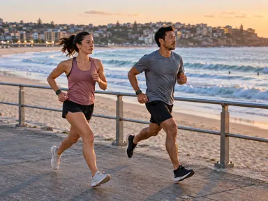 Two people running on the Bondi coast path