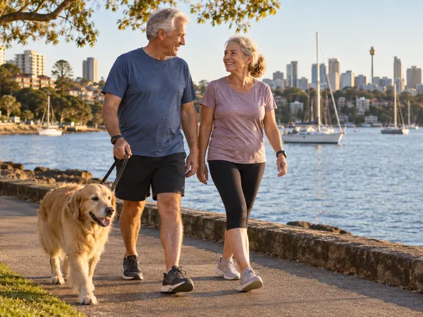 Older couple walking a golden retriever beside a marina and harbour
