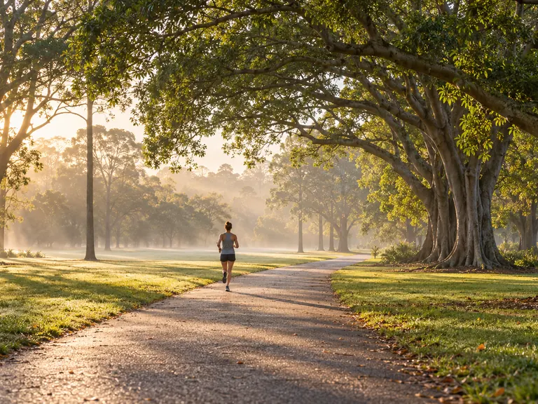Someone running away under large park figs in morning light